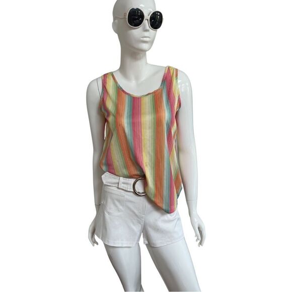 Groovy 1970s True Vintage Handmade Vivid Rainbow Stripe Flouncy Tank Blouse - Picture 3 of 7